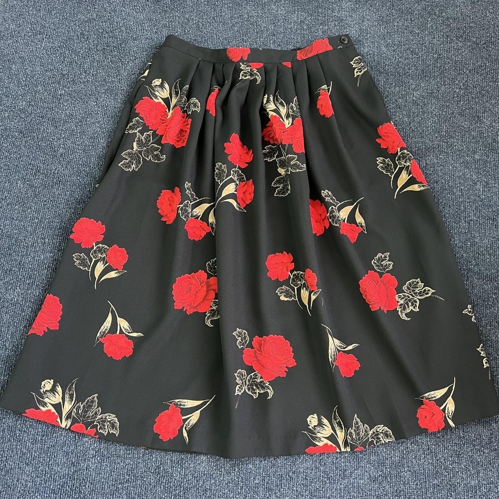 Vtg Alfred Dunner‎ Skirt Womens 12 Petite Black Rose Pleated Midi Elastic Waist